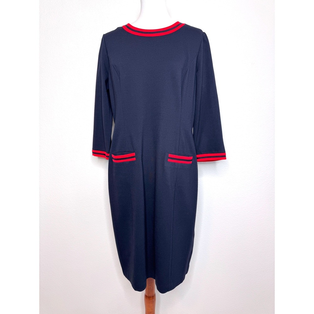 TALBOTS 3/4 Sleeves Shift Midi Dress 12 Navy Red Trim Pockets Ponte Knit Career